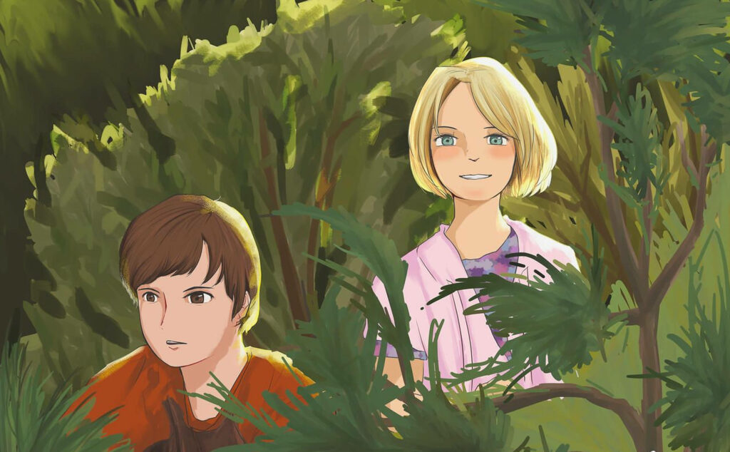 Bridge To Terabithia digital wallpaper featuring Josh Hutcherson and AnnaSophia Robb anime art