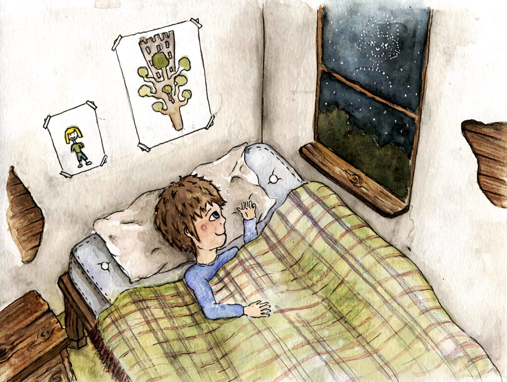 Cozy bedroom with Jess Aarons from Bridge to Terabithia under green plaid blanket and storybook walls Wallpaper