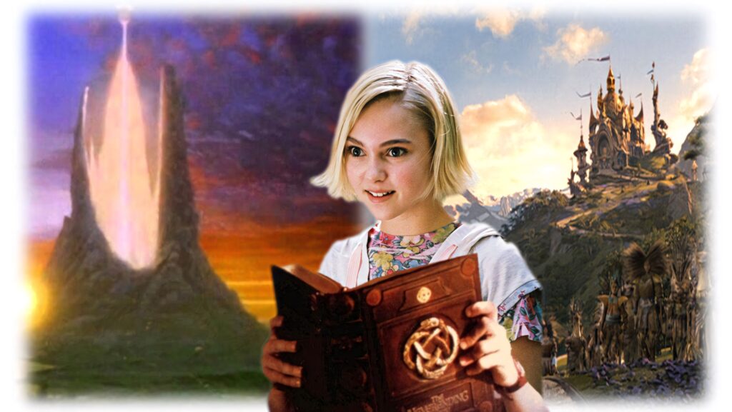 Bridge to Terabithia Leslie holding magical book fantasy landscape glowing palace vibrant sunset Wallpaper