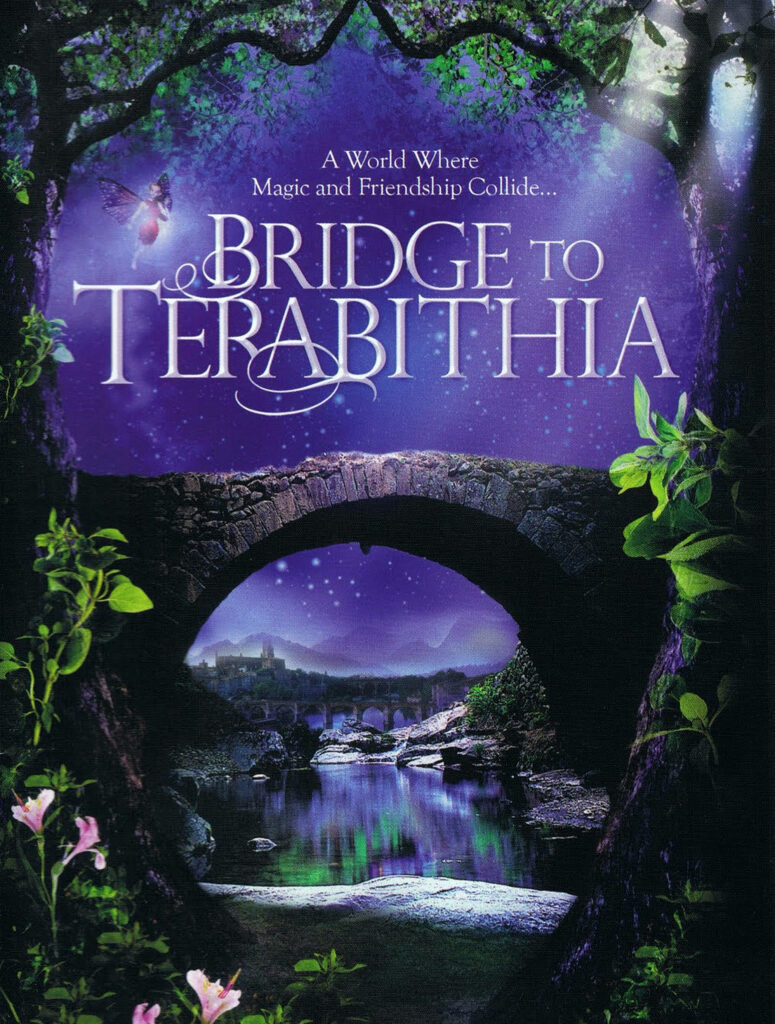 Bridge to Terabithia purple forest wallpaper with magical stone bridge and glowing river scene