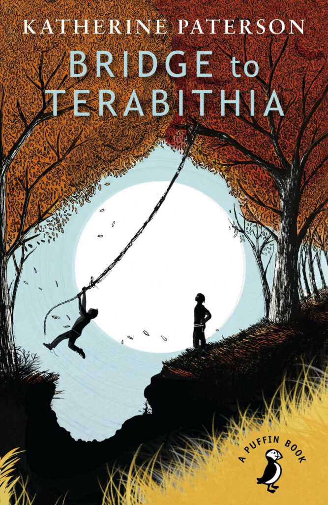 Bridge to Terabithia book cover with children swinging in autumn forest scene wallpaper background
