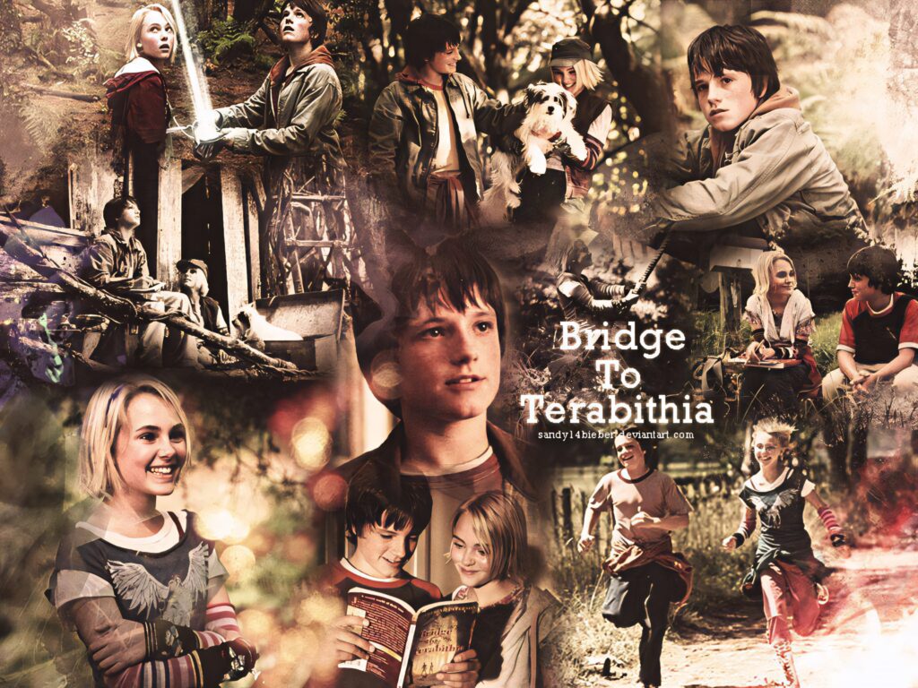 Bridge to Terabithia wallpaper featuring Jess Aarons and Leslie Burke in dreamy sepia collage