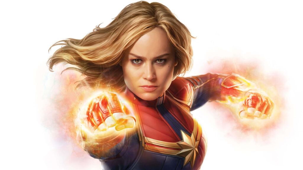 Brie Larson as Captain Marvel: Unleashing Female Power in Marvel's Thrilling Battle of Strength Wallpaper
