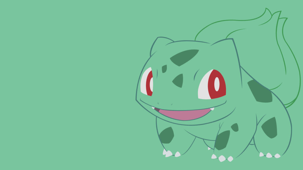 Bulbasaur with bright joyful expression vibrant red eyes on minimalist green background wallpaper