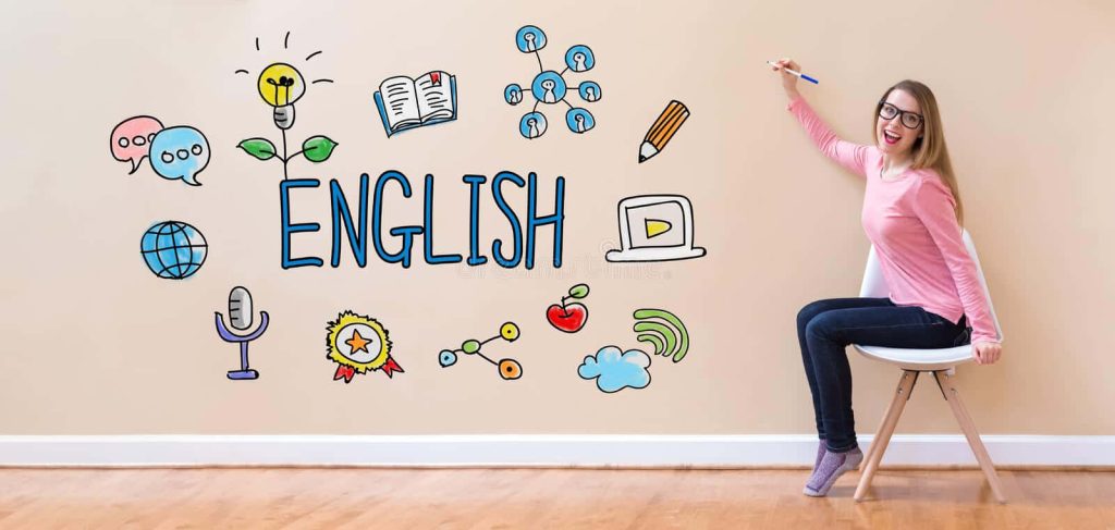 Woman with glasses studying English with colorful language learning doodles on beige wall background Wallpaper