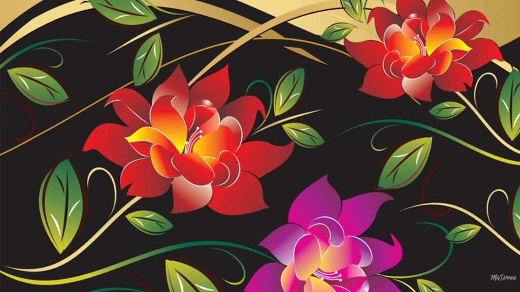 Vibrant red and magenta flowers with gold swirls and green leaves on black abstract wallpaper