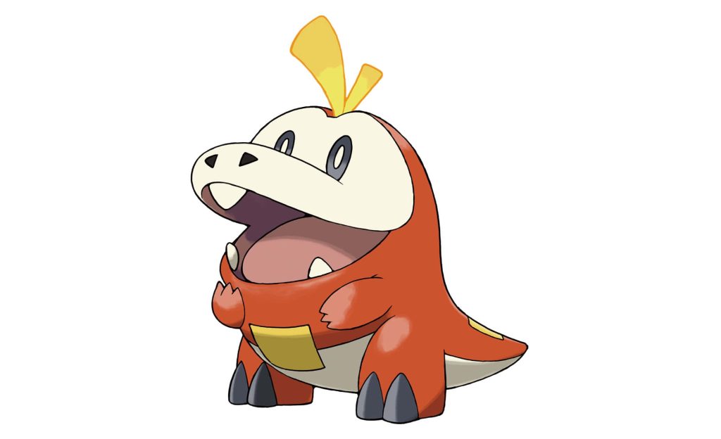 Minimalist wallpaper of Fuecoco Fire-type starter Pokémon with vibrant red and cream colors