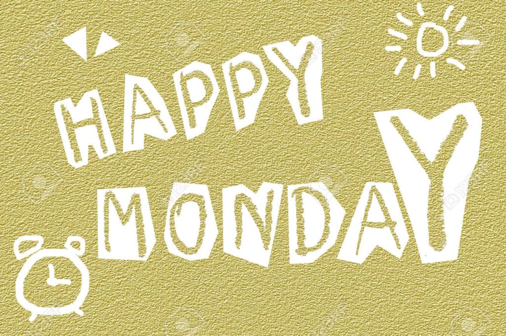 Happy Monday wallpaper with white text light yellow background alarm clock and sun graphics
