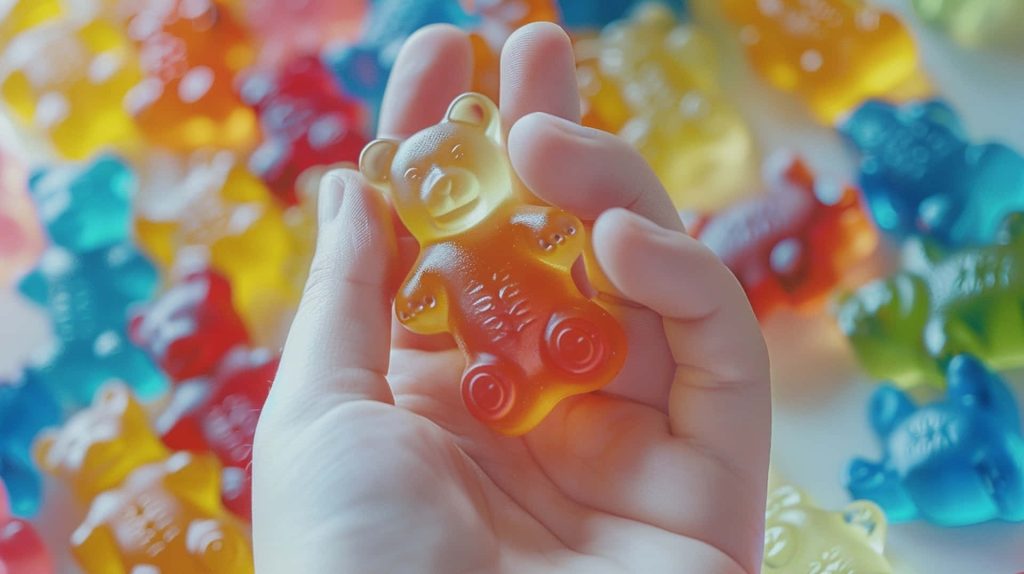 Hand holding translucent orange gummy bear with vibrant colorful candy background wallpaper