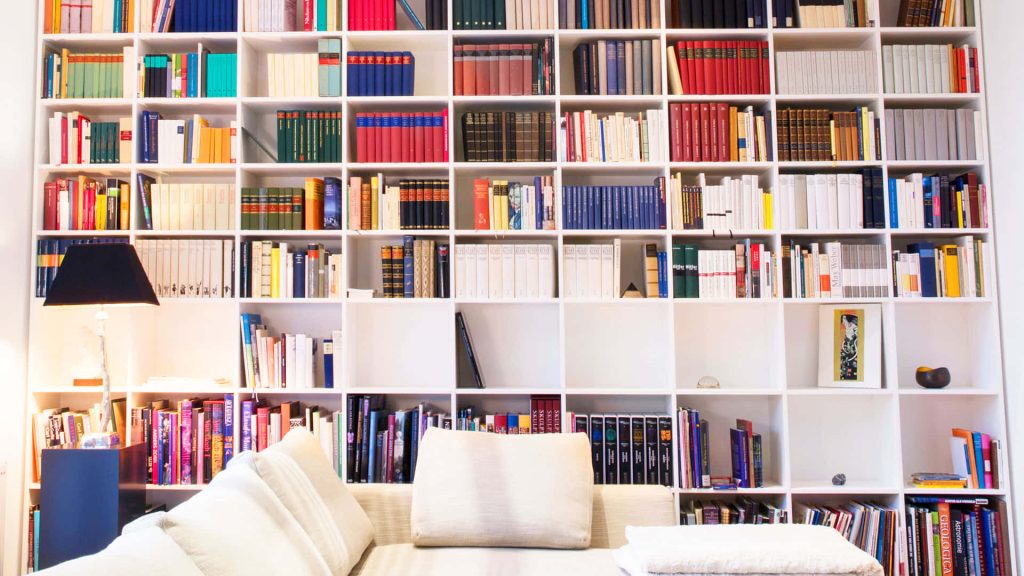 Bright Zoom meeting wallpaper with organized bookshelf cozy sofa and sleek black lamp background