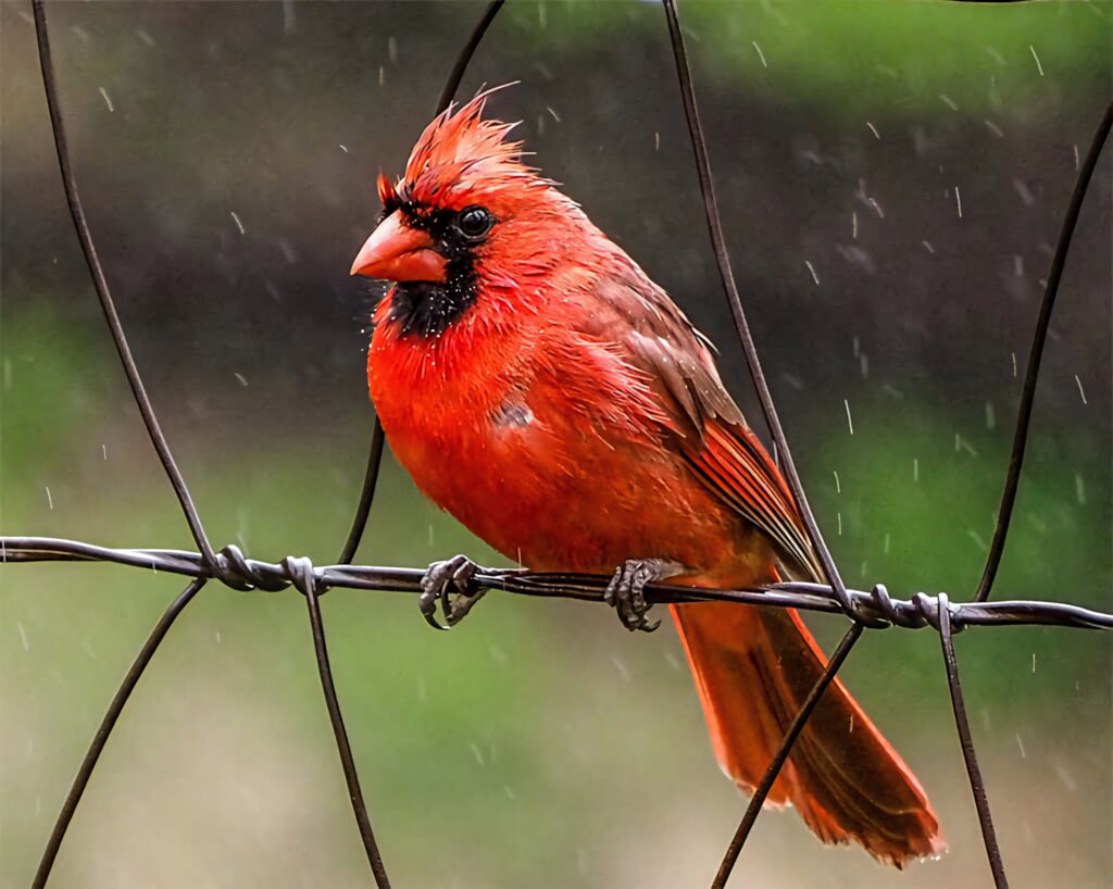 Bright red Northern Cardinal on wire limb with blurred green background and soft rain wallpaper