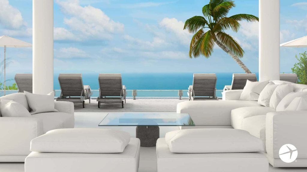 Bright white living room with open terrace ocean view palm tree summer vibe Zoom background Wallpaper