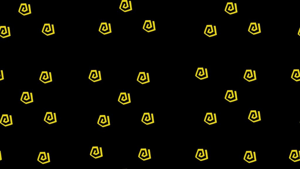 Bright yellow angular swirl icons repeating on black background minimalist digital wallpaper