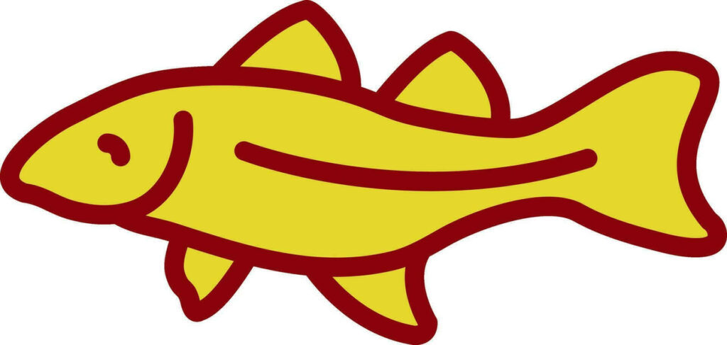 Playful cartoon yellow Arctic cod with bold red outline on vibrant aquatic wallpaper background