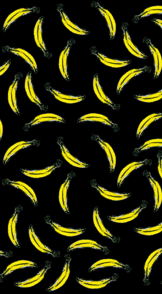 Playful wallpaper with bright yellow bananas scattered on a bold black background pattern