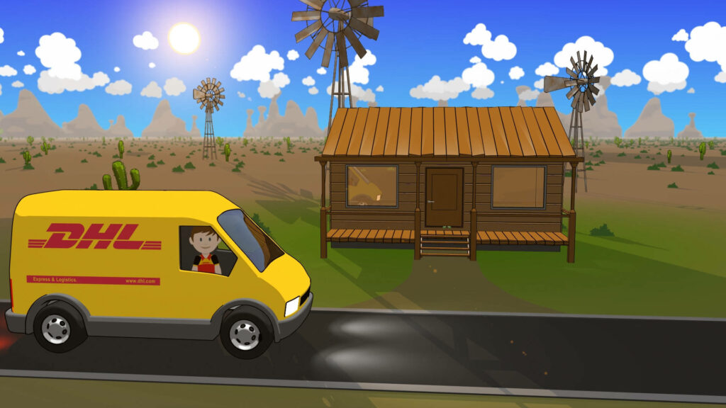 Animated yellow DHL truck driving past rustic house with windmills and mountains countryside wallpaper