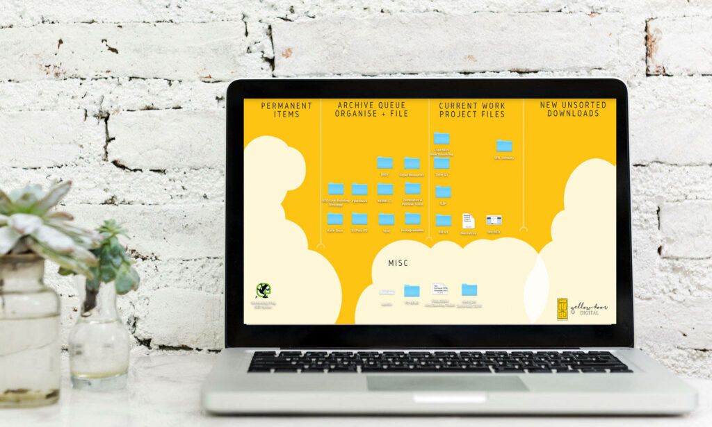 Bright Yellow Wallpaper: Organized Digital Workspace for Laptops