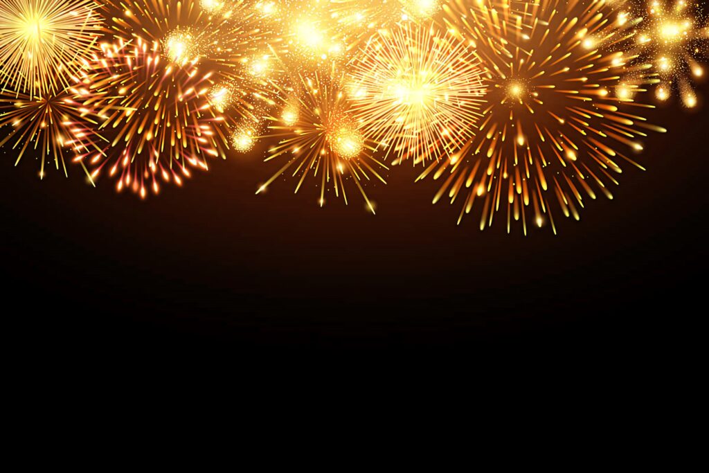 Bright yellow fireworks burst against dark sky festive wallpaper background celebration image