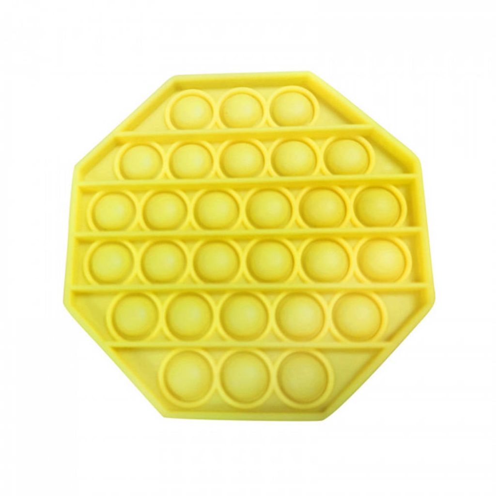 Bright yellow octagonal Pop It fidget toy wallpaper on white minimalist background for devices