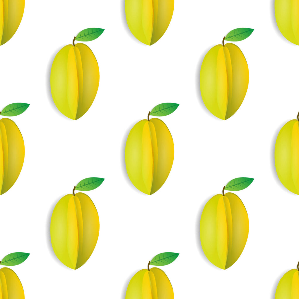 Seamless bright yellow starfruit pattern with green leaves on white background wallpaper design
