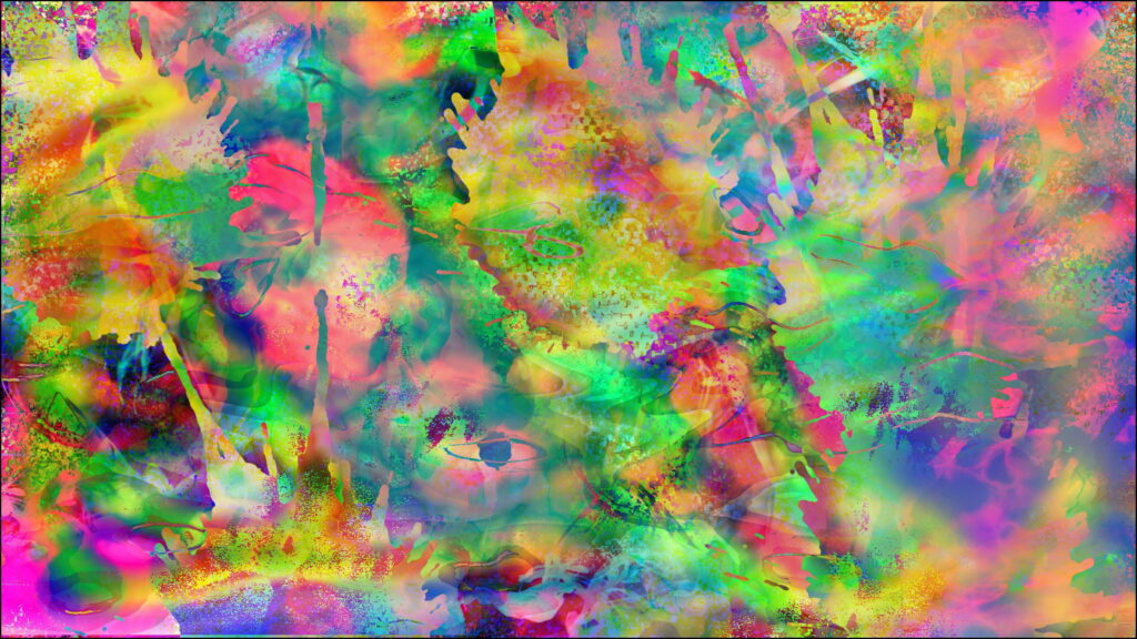 Vibrant psychedelic digital art with neon paint splatters and surreal human eyes background Wallpaper
