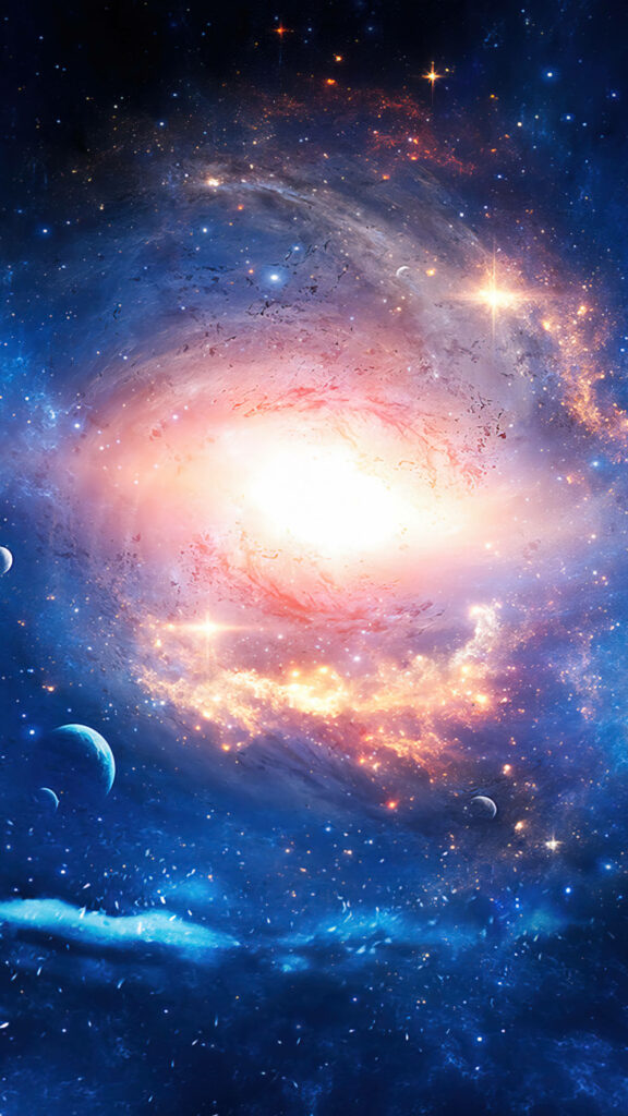 Stunning Cosmic Oasis: An Exquisite 4K Phone Wallpaper of a Radiant Galactic Center Illuminated by Vibrant Yellow Light Amidst Whirling Blue Nebula Clouds