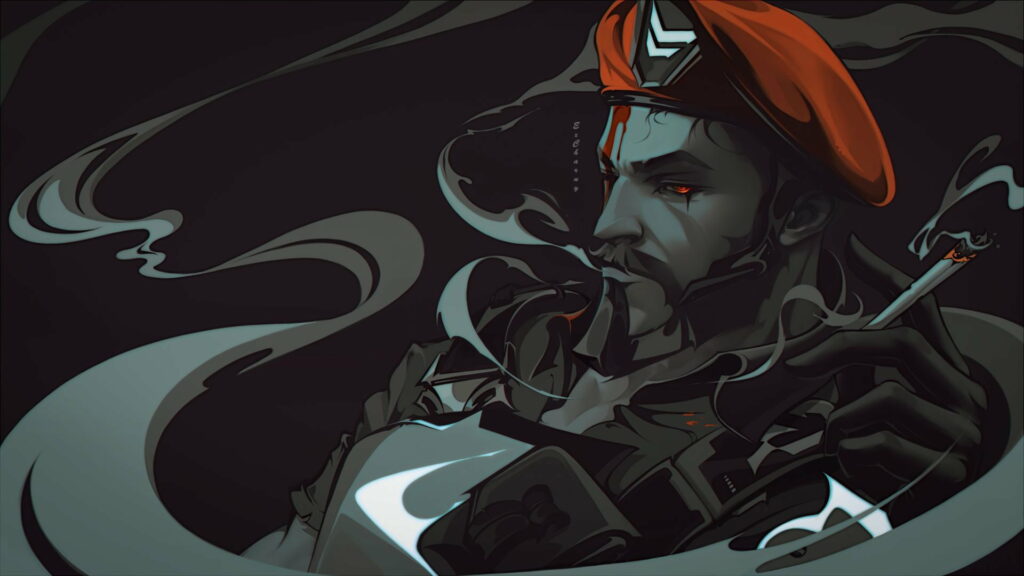 Brimstone Valorant digital art high contrast portrait red beret smoking dark smoke background Wallpaper