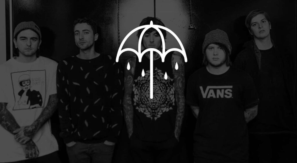 Grayscale Bring Me The Horizon band portrait with umbrella logo wallpaper background image