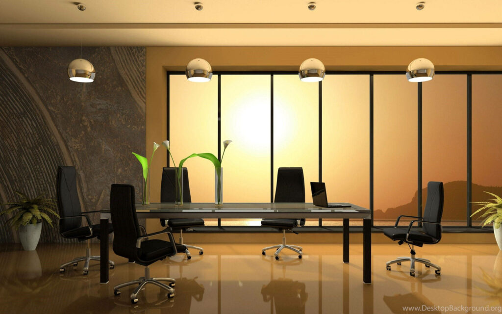 Executive Oasis: A Stunning Conference Room Zoom Background With Scenic Glass Window and Sunlit Table Wallpaper