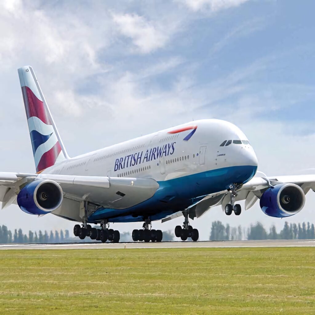 British Airways Airbus A380 close-up preparing for takeoff with clear sky and green runway Wallpaper