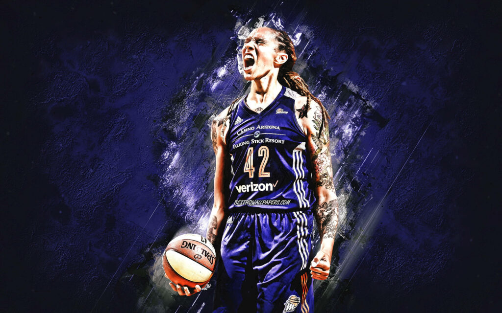 Brittney Griner intense pose on violet basketball court dynamic wallpaper showcasing athletic power