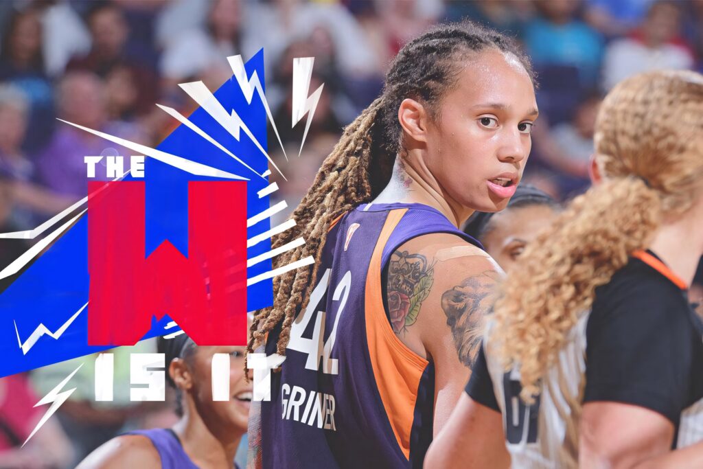 Brittney Griner Phoenix Mercury dynamic courtside action with lightning and W Is It text background Wallpaper