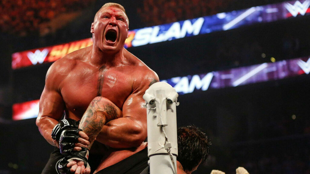 Brock Lesnar WWE wallpaper showing intense muscular wrestler raging in ring with dramatic lighting