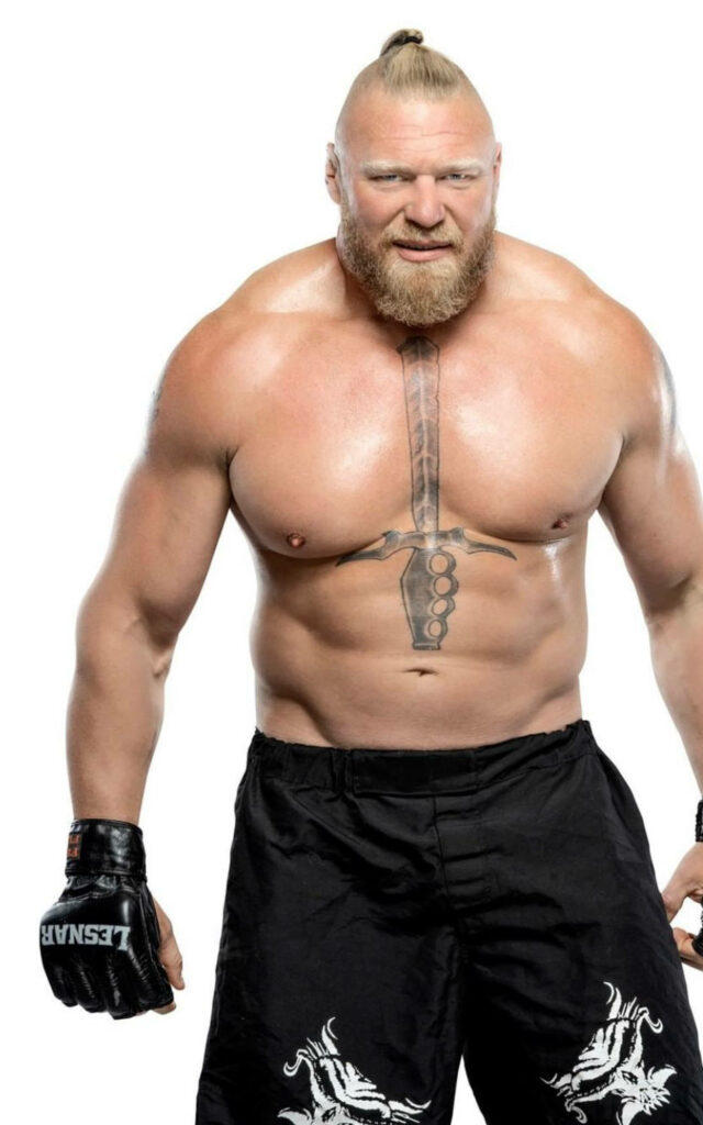 Brock Lesnar muscular physique wallpaper showing wrestler MMA fighter with tattoos and powerful stance