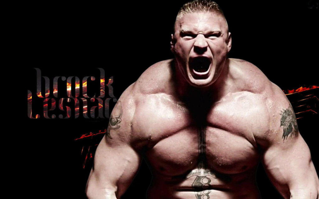 Brock Lesnar intense roaring WWE wallpaper muscular physique bold tattoos dramatic lighting