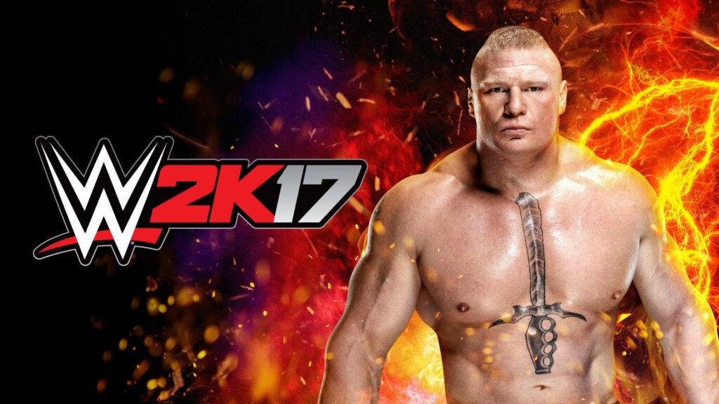 Brock Lesnar WWE 2017 promo with intense expression and sword tattoo fiery action background Wallpaper