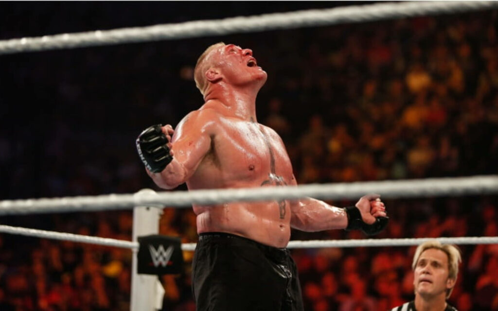 Brock Lesnar WWE ringside photo muscular physique intense energy wrestling arena wallpaper
