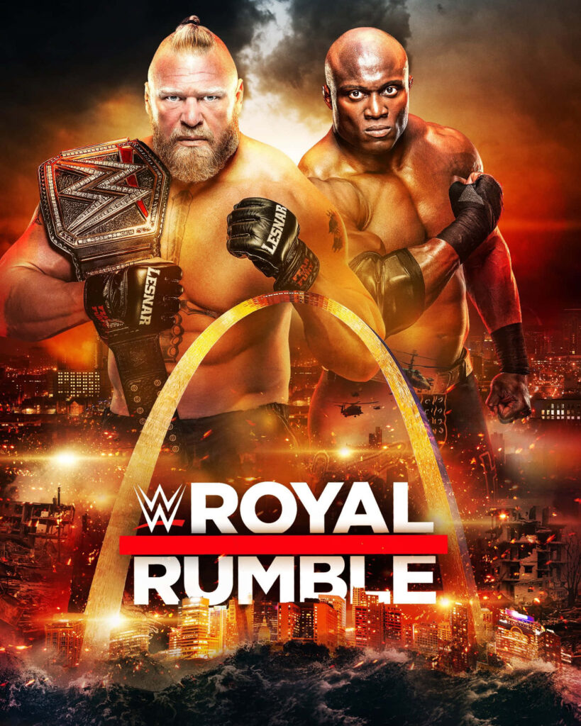 Brock Lesnar vs Bobby Lashley intense WWE Royal Rumble wallpaper with fiery city skyline background