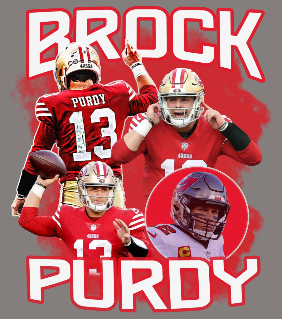 Brock Purdy 49ers quarterback collage in red and gold bold dynamic action poses wallpaper background