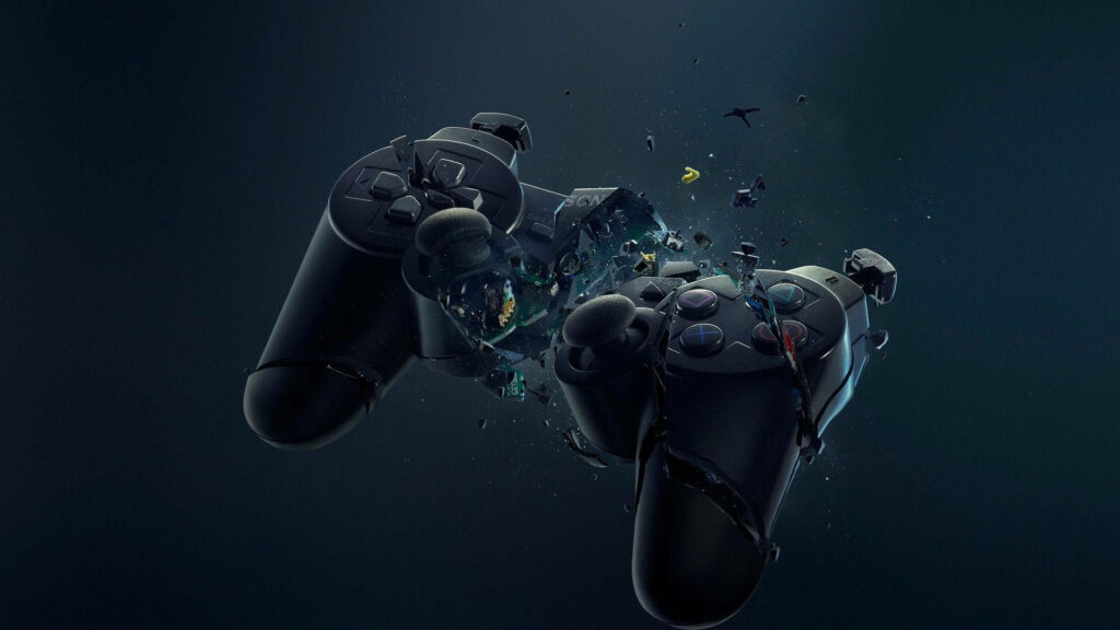 Shattered Reality: A Stunning HD Artwork of a Broken Gaming Controller on a Dark Background Wallpaper