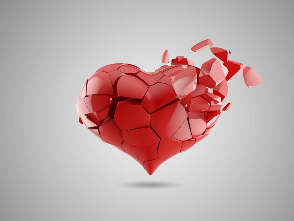 3D shattered red heart breaking apart on gray gradient background heartbreak wallpaper art