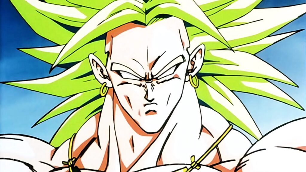 Broly Super Saiyan green hair intense power muscular build fierce expression wallpaper background