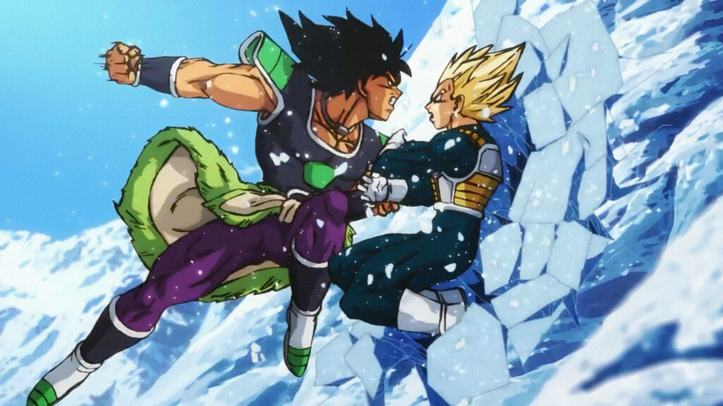 Broly and Vegeta intense battle with dynamic icy blue shards explosive anime energy wallpaper