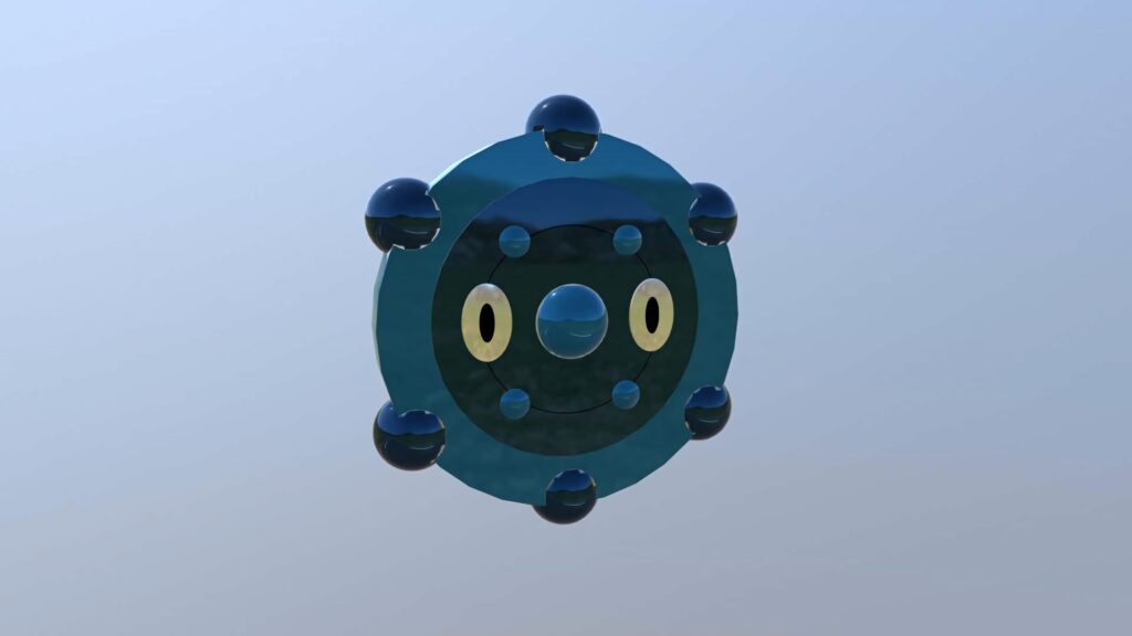 Bronzor 3D render on blue gradient background with metallic textures minimalist Pokémon wallpaper