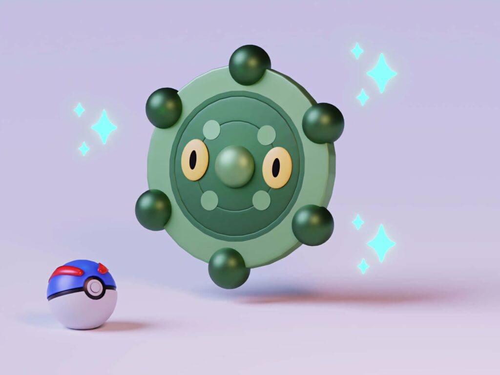 Mystical 3D Bronzor Steel Psychic Pokémon floating with sparkling stars and Poké Ball backdrop Wallpaper