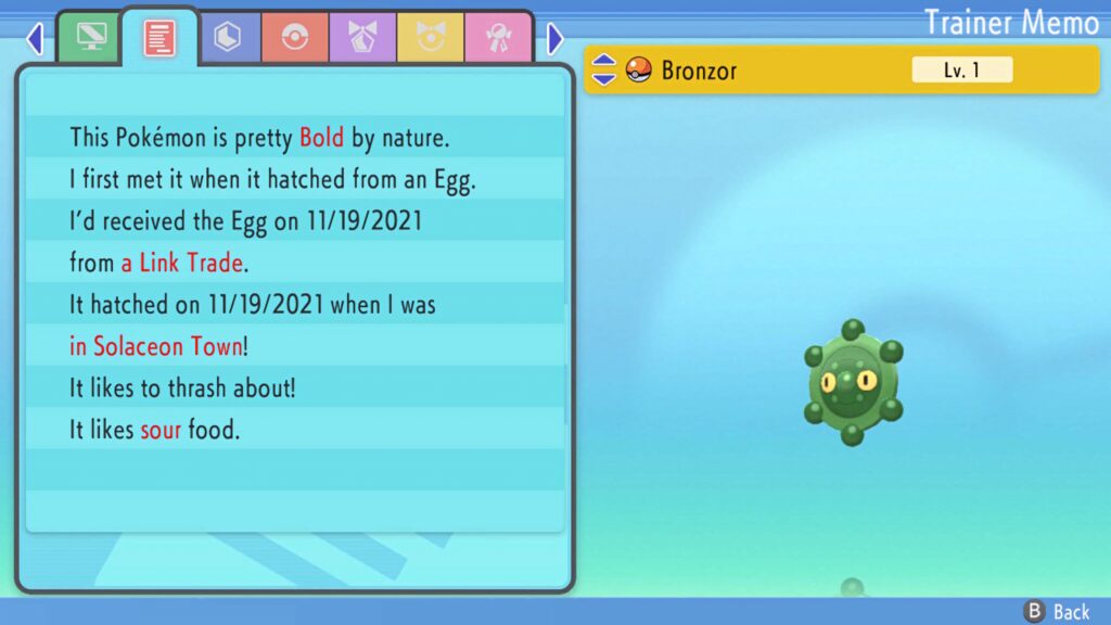 Bronzor Pokémon wallpaper with blue gradient background and detailed in-game Trainer Memo summary