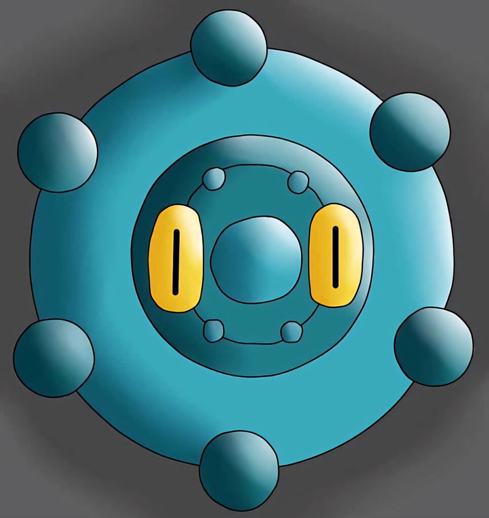 Bronzor steel psychic Pokemon on minimalist gray gradient background with teal metallic body Wallpaper