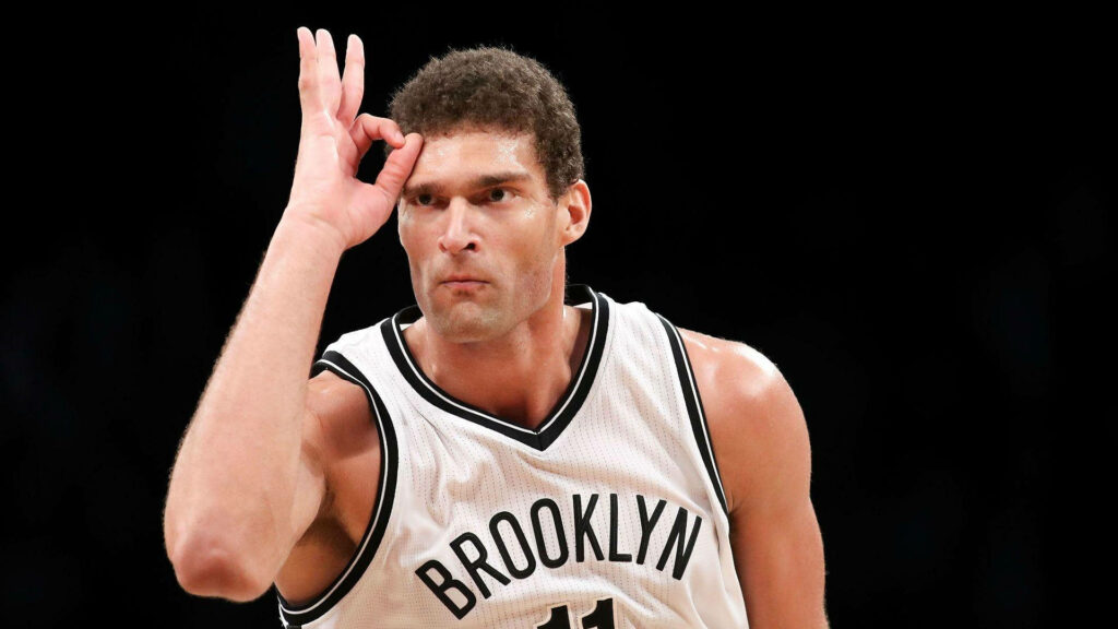 Brook Lopez Brooklyn Nets celebrating three-point shot with signature hand gesture wallpaper