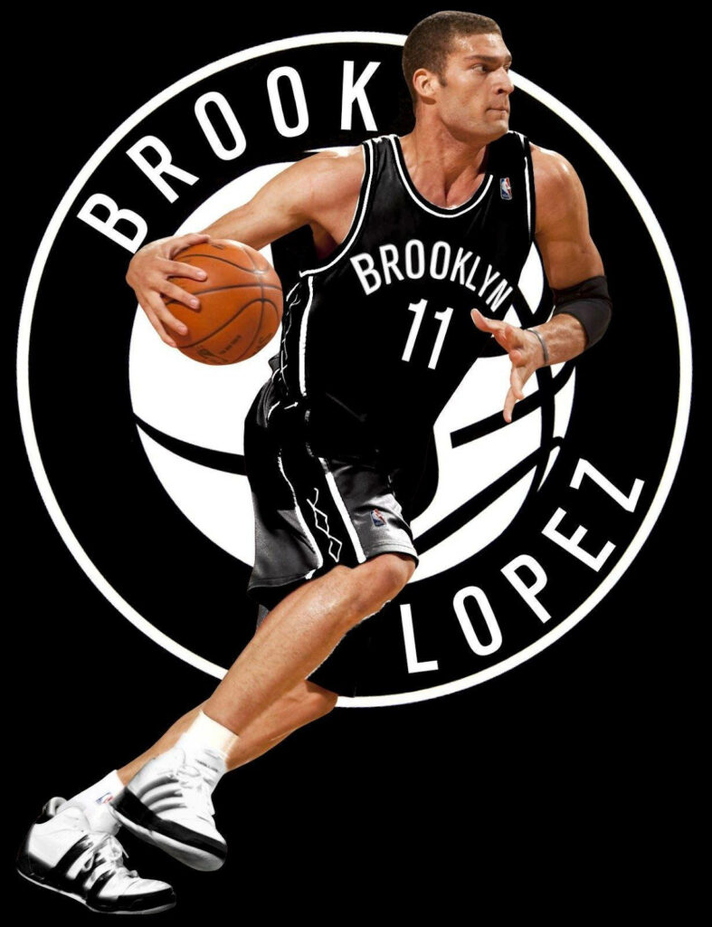 Brook Lopez Brooklyn Nets action wallpaper dribbling basketball high-energy sports design background