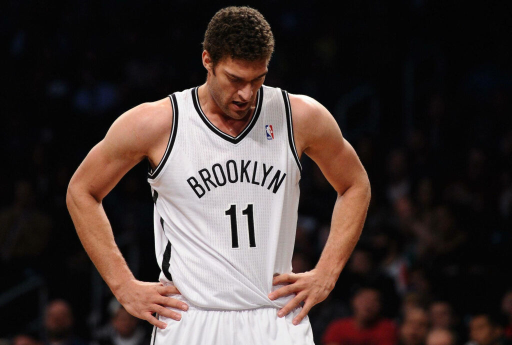 Brook Lopez intense focus Brooklyn Nets jersey high resolution basketball action shot wallpaper
